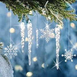 24pcs Crystal Christmas Tree Ornaments, Decorations Hanging Acrylic Snowflake and Icicle Ornaments with Drop Pendants for Christmas Tree Party Decorations，Winter Wonderland Decorations