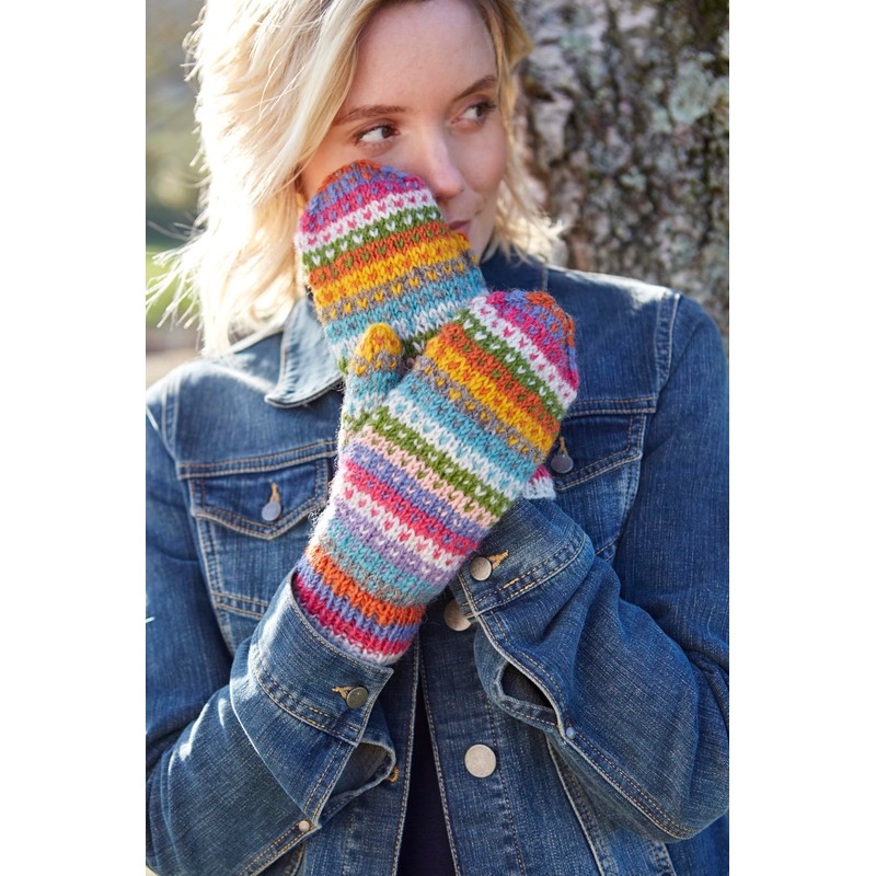 Pachamama Women Wool Mittens Fleece Lined Handknitted Dots Stripes Multicoloured