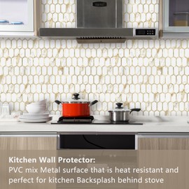 Vamos Tile Long Hexagon Peel and Stick Tile Backsplash - 10 Sheets Stick on Backsplash for Kitchen and Bathroom Calacatta Gold Mixed Metal Light Gold PVC Self Adhesive Mosaic Wall Tiles(Seamless)