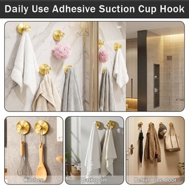 4 Pack Suction Cup Hooks for Shower, Removable Metal Hooks for The Shower Room and Bedroom, Suction Cups for Glass Door, Window, Mirrors and Other Smooth Surfaces (Gold)