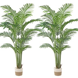 Artificial Palm Silk Tree Plant 6ft Fake Tropical Bonsai Plants 72 Inch with Black Plastic Pot for Outdoor Indoor Home Office Decorations, 2 Pack