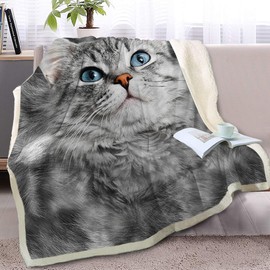 BlessLiving Gray Cat Blanket Animal Print Fleece Blanket Cat Sherpa Blanket Cat Fuzzy Blankets and Throws for Kids Adults Travel/Single Cat Gifts for Women Girls (130x150cm)