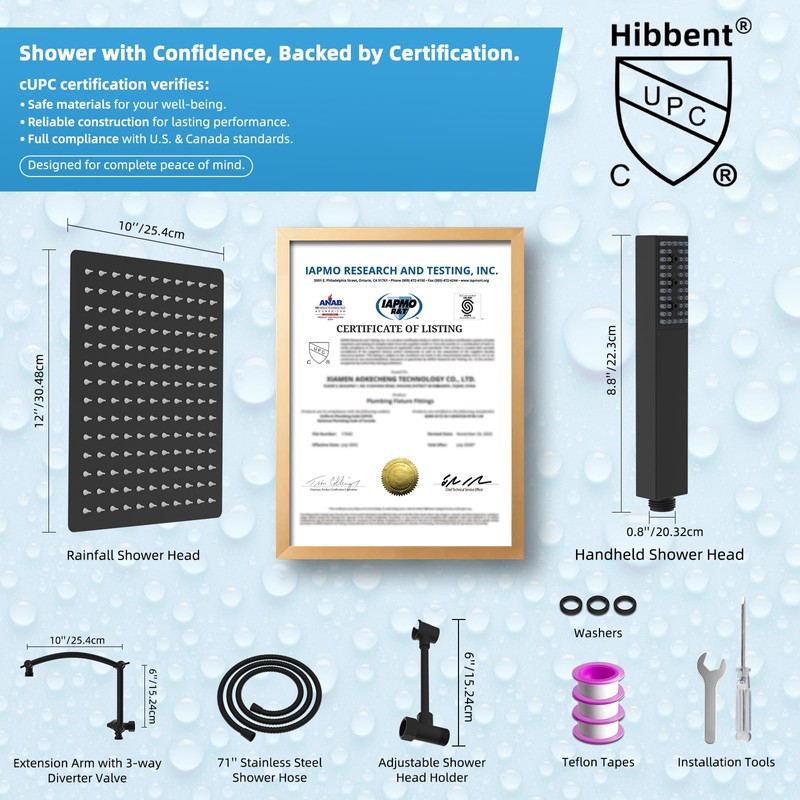 Hibbent All Metal CUPC Certified 12'' Rainfall Shower Head, Dual