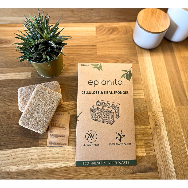 eplanita Natural Plant Based Scrub Sponges (3 Pack), Non-Scratch, Biodegradable