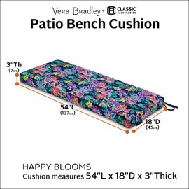 Vera Bradley by Classic Accessories Water-Resistant Patio Bench Cushion, 54 x 18 x 3 Inch, Happy Blooms, Patio Furniture Cushions
