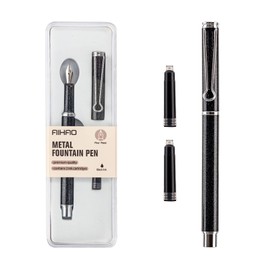 AIHAO Refillable Fountain Pen, Fine Point, Metal Fountain Pen with Gift Box, Black Ink, 2 Ink Cartridges in one Set, Pearl Black Metal Pen.Fountain Pens for Writing