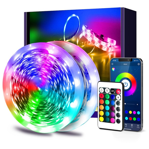PHOPOLLO Bluetooth Led Strip Lights 100ft (2 Rolls of 50ft), 5050 RGB Color Changing LED Lights for Bedroom, Kitchen Decoration, App Control and Music Sync.