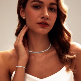 Luxval Tennis Necklace Set for Women Sterling Silver Necklace and Bracelet Earring Sets Diamond Earrings Tennis Bracelets Wedding Jewelry for Bride Silver Jewelry Sets for Women Gift