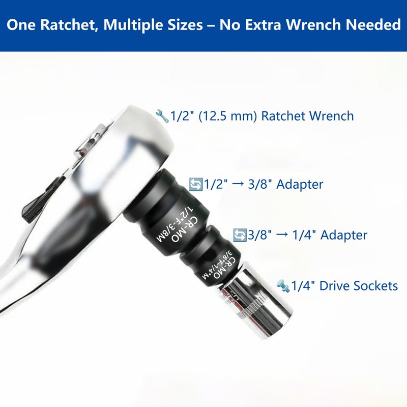 Adapter Set - 4 Socket Spanner Adapters 1/4", 3/8", 1/2"