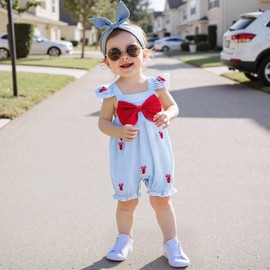 Foidiccx Newborn Baby Girl Summer Clothes Infant Cute Smocked Crawfish Outfit Fly Sleeve Embroidery Lobster Bowknot Jumpsuit Ruffle Hem Striped Short Romper Bodysuit (Blue, 0-3 Months)