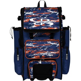 Boombah Rolling Superpack Baseball/Softball Gear Bag - Telescopic Handle - Holds 4 Bats - Wheeled Version - Razor Royal Blue/Orange/White