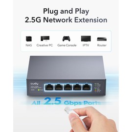 Cudy - Interruptor Ethernet Multi-Gigabit de 5 puertos, 5 puertos Ethernet RJ45 de 2.5 Gbps, puertos completos de 2.5 Gbps, detección de bucle, ahorro de energía 802.3az, soporte de computadora o