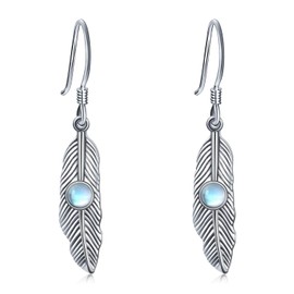 Feather Earrings 925 Sterling Silver Moonstone Dangle Earrings Iindian Native American Jewelry Western Gifts for Women Birthday