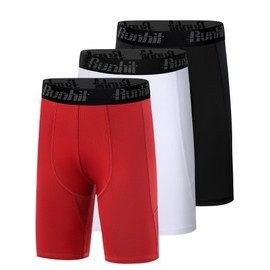 Runhit 3 Pack Youth Boys' Compression Shorts,Boys Performance Athletic Base Layers Underwear Sports Shorts Black+White+Red M