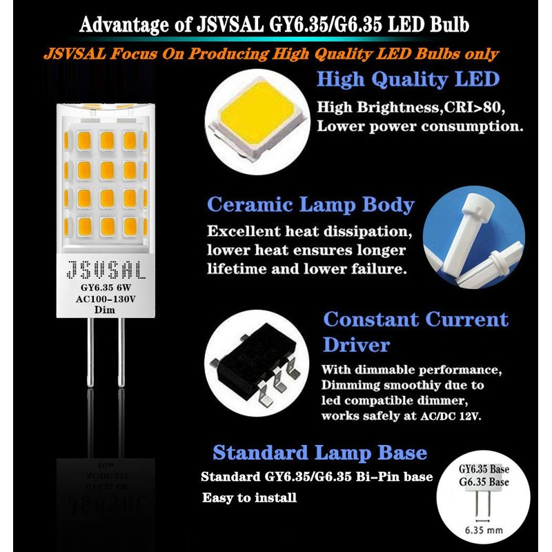 JSVSAL GY6.35 LED Bulb Dimmable, T4 JC Type GY6.35/G6.35 Bi-pin