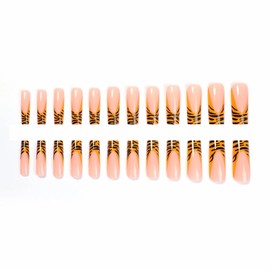 MERVF Long Square Press on Nails Orange French Tip Fake Nails Animal Print Glue on Nails Press ons Squoval Acrylic False Nails with Tiger Print Design Glossy 24pcs