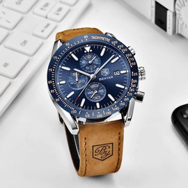 BENYAR Men's Watch Quartz Sports Chronograph Fashion Business Luxury Brand Waterproof Watch Analog Date Men's Brown Leather Watch for Men ((Brown Silver Blue)