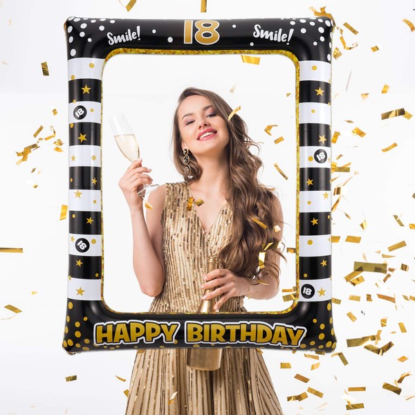 Opopark Inflatable Selfie Frame, Black Gold Large Blow Up Birthday Photo Frame Party Photo Booth Prop for Boys Girls Birthday Party Decoration (18th Birthday)