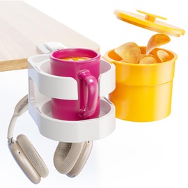7-in-1 Desk Cup Holder - EURPMASK Desk Organizer with Headphone Holder, Controller Holder, Snack Bucket, and Phone Holder, Clamp-On Desk Accessory with Sturdy Large Storage, Easy to Install, White