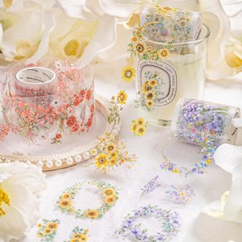 Funincloud PET Tape Stickers for Journaling 6 Rolls Pre-Cut Flower Washi Tape Stickers Decorative Tape for Crafts Scrapbooking Junk Journal Supplies, Wreath of Letters
