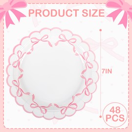 Elyxio Pink Bow Paper Plates Coquette Disposable Party Plates 7" Scalloped Bowknot Dessert Plate for Bachelorette Birthday Bridal Baby Shower Tableware Supply (48, 7inch)