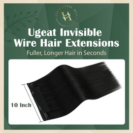 Ugeat Black Wire Hair Extensions Real Human Hair Jet Black Invisible Wire Hair Extensions 12 Inch Short with Adjustable Transparent Headband Hair Piece Remy Softness No Damage 70g