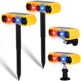 Qualirey 2 Pack Solar Outdoor Motion Sensor Alarm with Stake Animal Deterrent 2 x 129db Loud Noisemaker 13 Sound Detector Strobe Light, 4 Mode Dog Barking Alarm Sensor on Ground or Fence