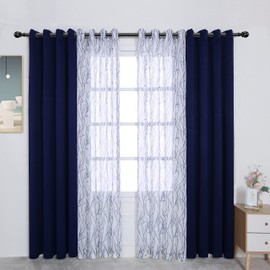 BONZER Mix and Match Curtains - 2 Pieces Branch Print Sheer Curtains and 2 Pieces Blackout Curtains for Bedroom Living Room Grommet Window Drapes, 54x63 Inch/Panel, Indigo, Set of 4 Panels