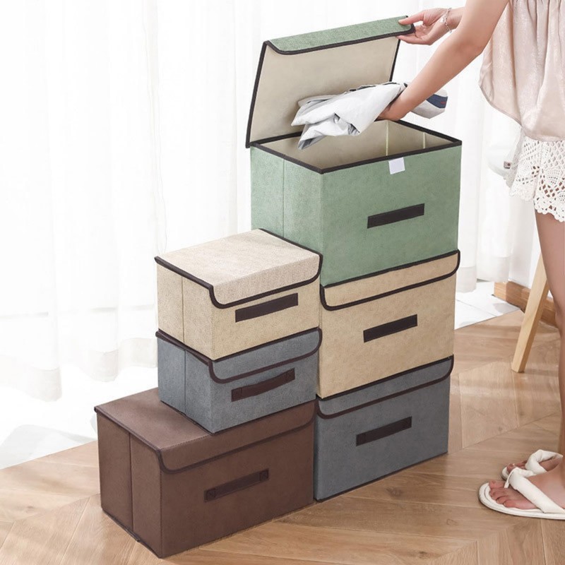 EURXLQ Grey Foldable Storage Box with Lid, Linen Fabric Foldable