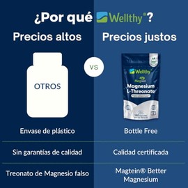 Wellthy L Treonato de Magnesio 180 Cápsulas. Hecho solamente con Magtein® el único Treonato Magnesio Real (dueños de la patente). Gluten Free, NON GMO