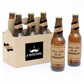 Kraft Mustache - Will You Be My Groomsman Decorations for Men - 6 Beer Bottle Label Stickers and 1 Carrier