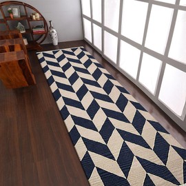 Rugsotic Carpets Hand Woven Flat Weave Kilim Wool ECO-Friendly Area Rugs - 3'x13', Runner Shape, Blue White Color, Contemporary Modern Design, Low Pile Handmade Rugs for Living Room (D00133)