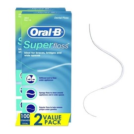 Oral-B Dental Floss for Braces, Super Floss Pre-Cut Strands, Mint, 50 Count, Pac