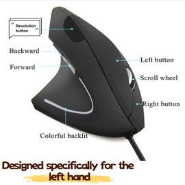 Ergonomic Mouse Left Hand,Vertical USB Wired Mouse Left-Handed Mice,3 Adjustable Resolution (800/1200/1600),USB Optical Gaming Office Mouse for PC Laptop Computer Desktop Mac Specially for Lefty