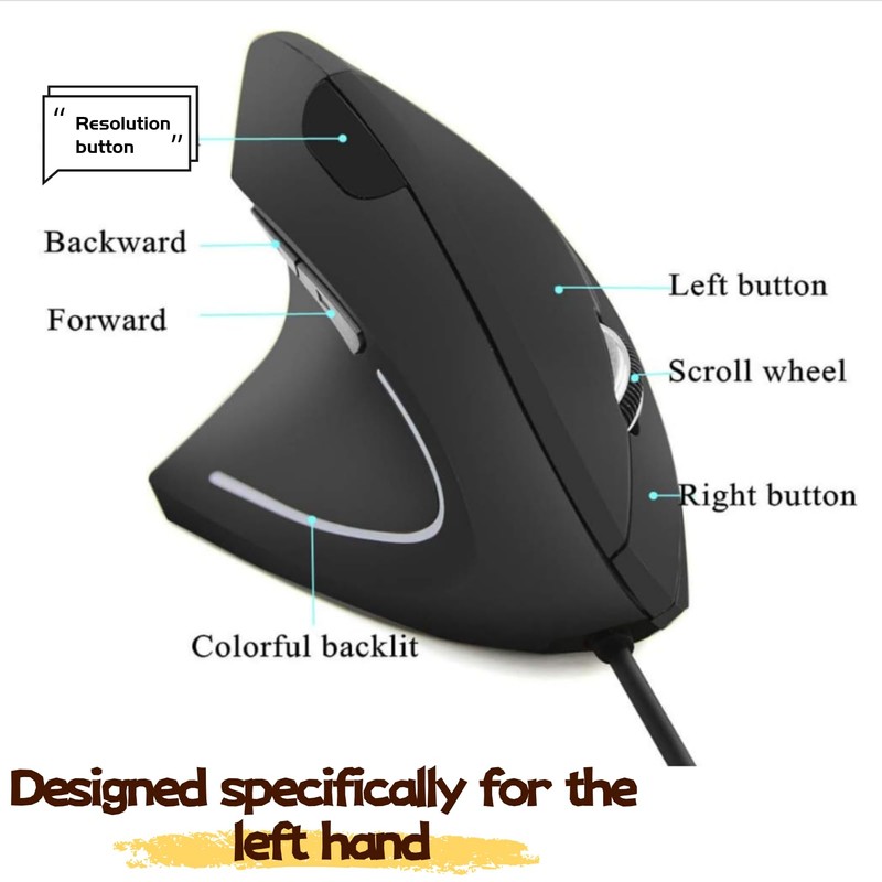 Ergonomic Mouse Left Hand,Vertical USB Wired Mouse Left-Handed Mice,3 Adjustable