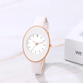 JewelryWe Women's Watch Leather Oval Watch Women's Small Analogue Quartz Wrist Watch Women Slim Leather Strap Ultra Thin Casual Watch with Oval Case Gift, White, Strap.