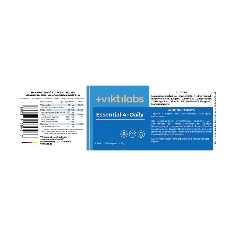 viktilabs Essential 4-Daily - Mit bioaktivem Vitamin B6 & Zink-Komplex