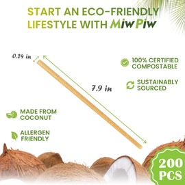 Miw Piw Biodegradable Coconut Straws - 200 Pieces Disposable, Plastic Free, Ecofriendly Coco Fiber Drinking Straws Bulk for Cold and Hot Beverages, Cocktail and Restaurant