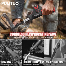PULITUO Cordless Reciprocating Saw, Speed 3000SPM，with Clamping Jaw, 2000 mAh Battery/ 1-Hour Fast Charge,Safety Gloves& Goggles, 4Pcs of Saw Blades for Wood/Metal/PVC