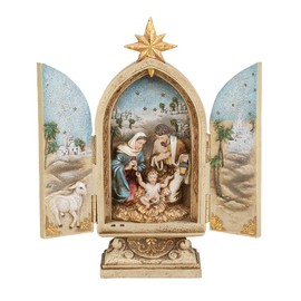 Joseph's Studio by Roman - Nativity Triptych, Holy Family with Star, Renaissance Collection, 10" H, Resin and Stone, Openwork Doors, Gold, Decorative Figure