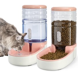 Automatic Dog Cat Feeder and Water Dispenser Gravity Food Feeder and Waterer Set with Pet Food Bowl for Small Medium Dog Puppy Kitten, Large Capacity 1 Gallon x 2(Pink)