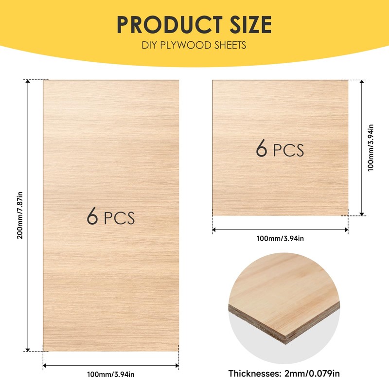12 PCS Plywood Sheets, 200×100×2mm Wood Planks, Basswood Sheets, for