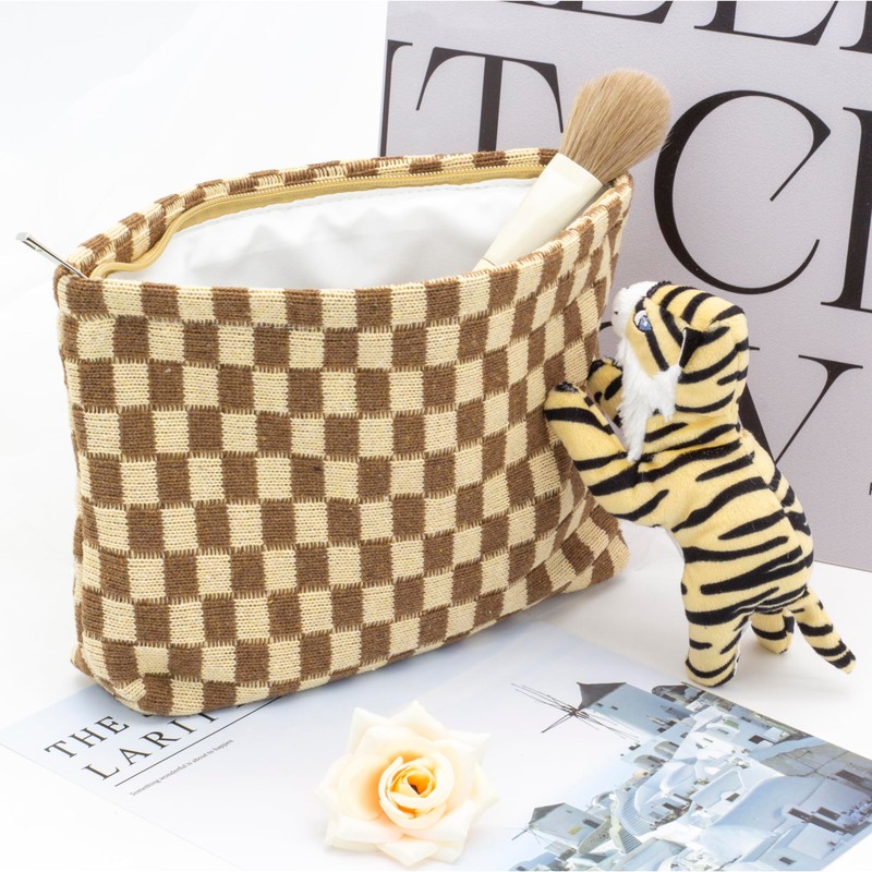 PAZIMIIK Knitted Checkered Makeup Bag Large Zipper Make Up Accessory