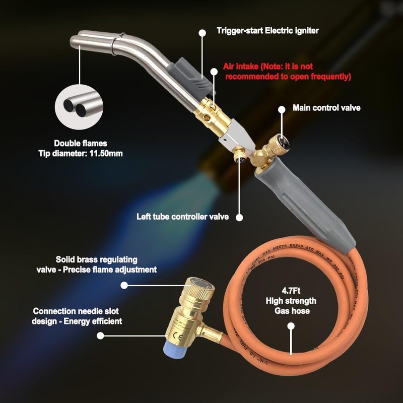 Double Heads Mapp Gas Torch Turbo with 5ft long Hose