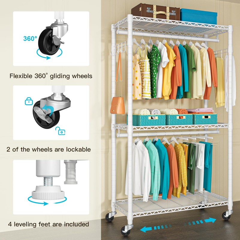 FUTASSI P1 Heavy Duty Garment Rack, 3 Tiers Adjustable Rolling