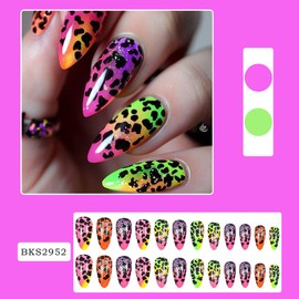 Colorful Press on Nails Medium Almond Fake Nails with Leopard Designs Cheetah Glue on Nails Green Ombre Glue on Nails Reusable Glossy Purple Gradient False Nails for Women Girls Manicure 24pcs