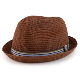 Armycrew Men's XXL Oversized Stingy Brim Paper Braid Fedora with Striped Band - Brown - 2XL
