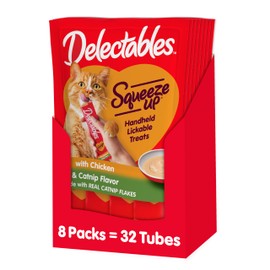 Hartz Delectables Squeeze Up Interactive Lickable Wet Cat Treats for Adult & Senior Cats, Chicken with Catnip, 32 Count