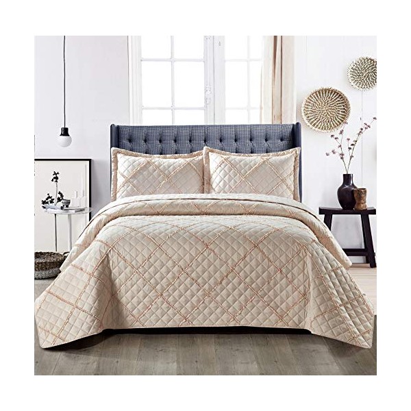 Shop Direct 24 Quilted Bedspread Throw Super King Size Warm Bed Blankets- 3 Piece Bed Spread Complete Bedding Set Super King Size 270x250 cm with 2 Pillow Cases, Beige
