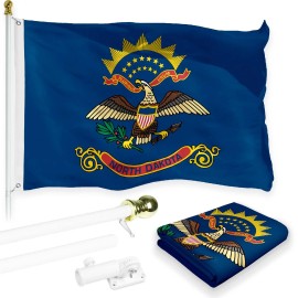 UD_G128 Combo Pack: 6 Feet Tangle Free Spinning Flagpole (White) North Dakota ND State Flag 3x5 ft Printed 150D Brass Grommets (